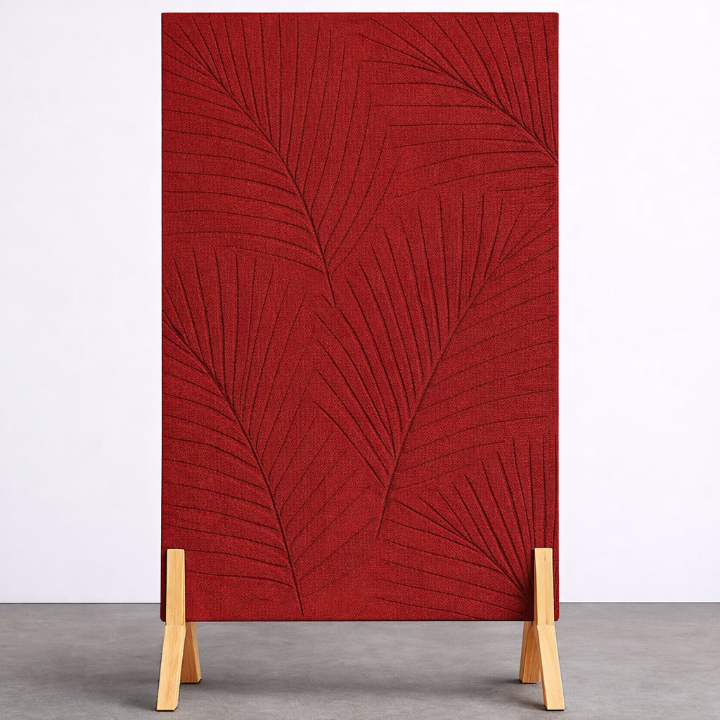 Palm Leaf Freestanding Grooved Acoustic Panel in Dark Rouge